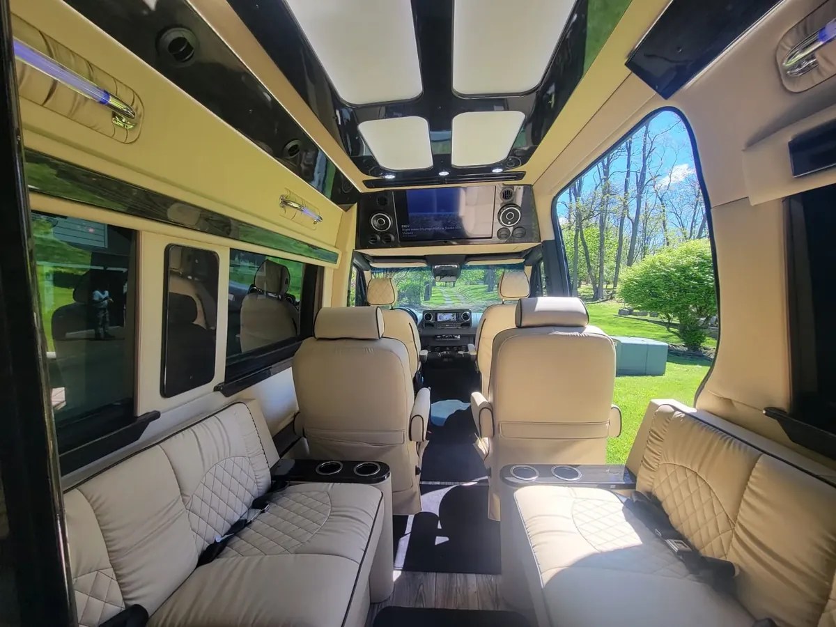 Jet Sprinter passenger seating and interior trim, Executive Van for Hire NYC with Driver: 12–15 Passenger Requests — interior view 1