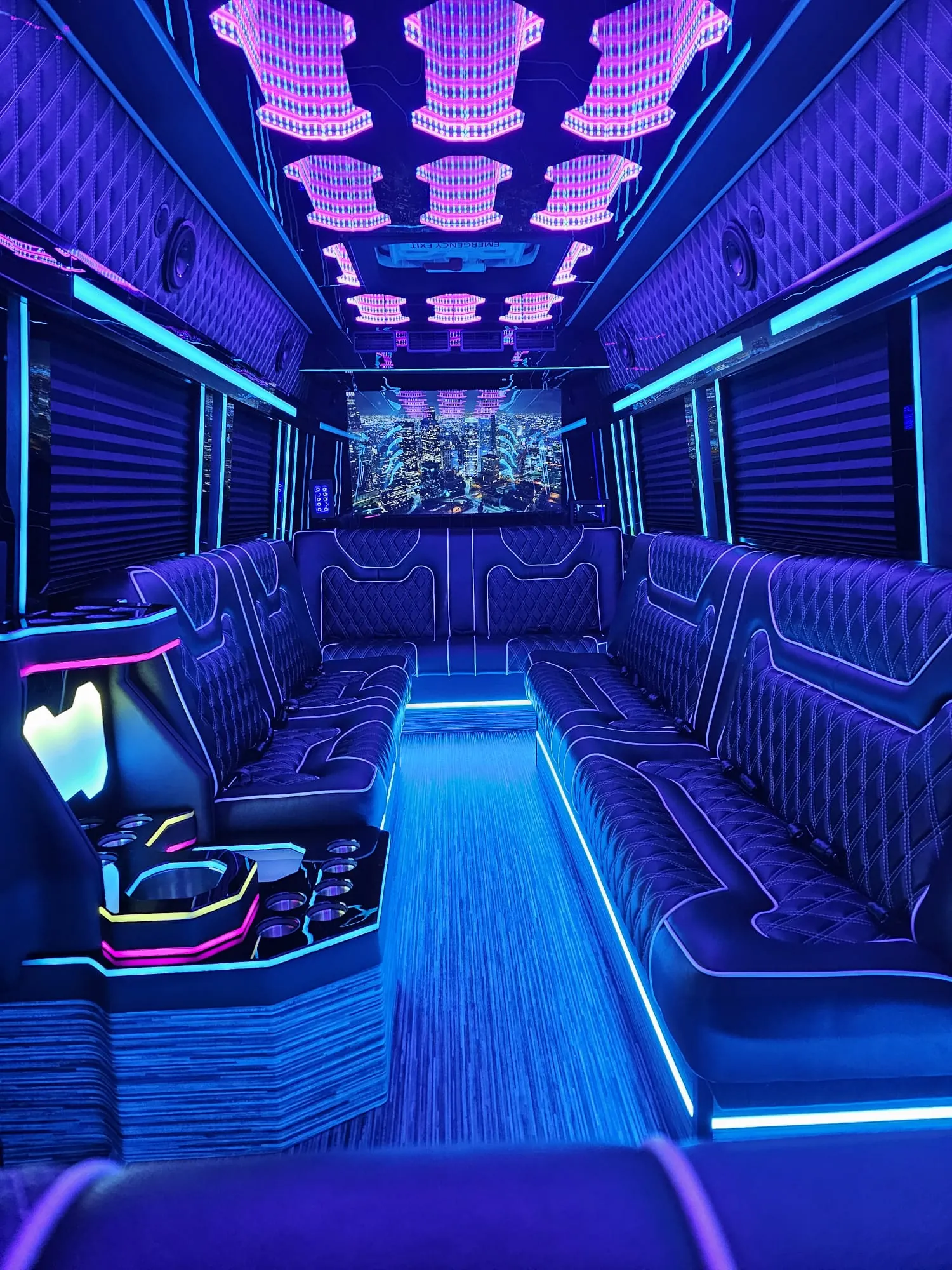 Limo Sprinter lounge seating with LED ceiling and ambient lighting, ExecutiveSprinterNYC.com