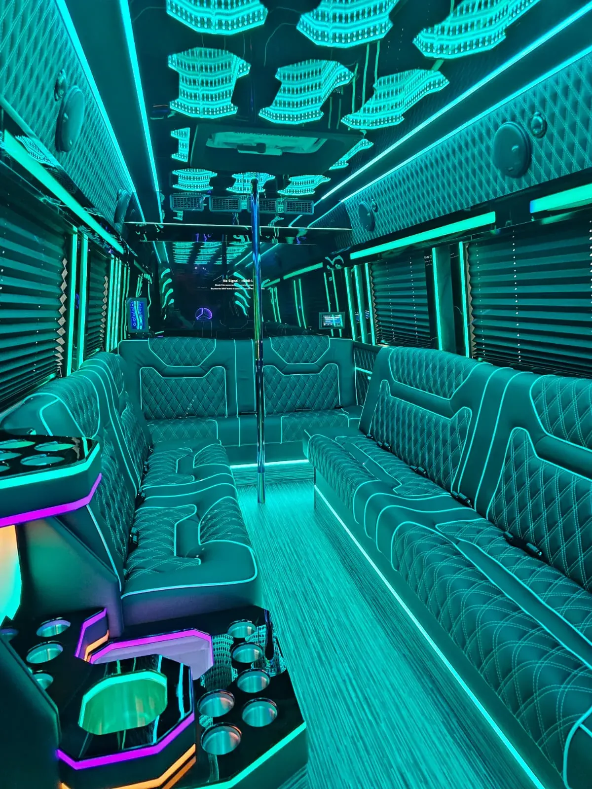 Limo Sprinter lounge seating and illuminated ceiling, Long Island Wedding Guest Shuttle — interior view 1