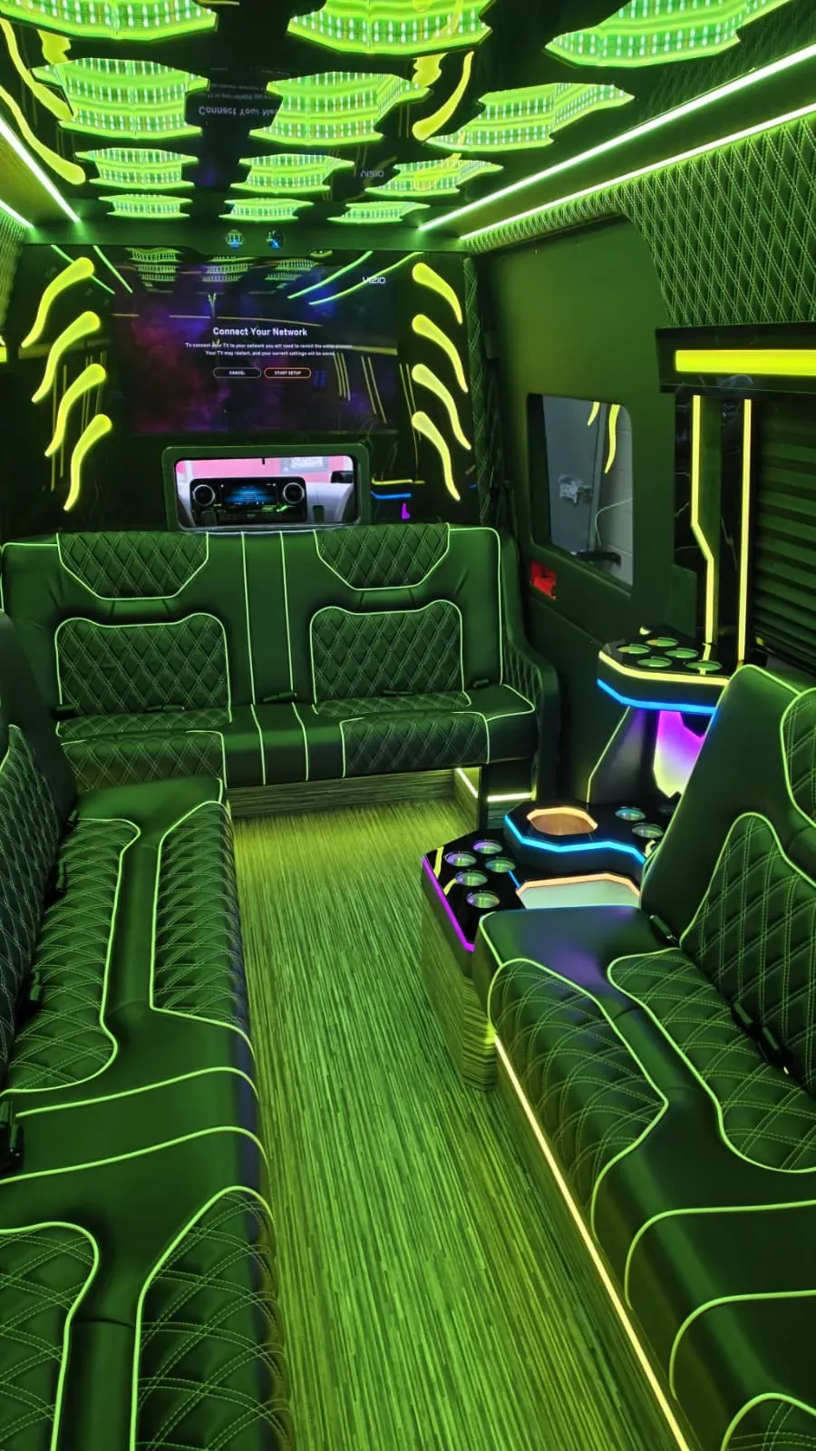 Limo Sprinter lounge seating and illuminated ceiling, New Jersey Wedding Guest Shuttle — interior view 2
