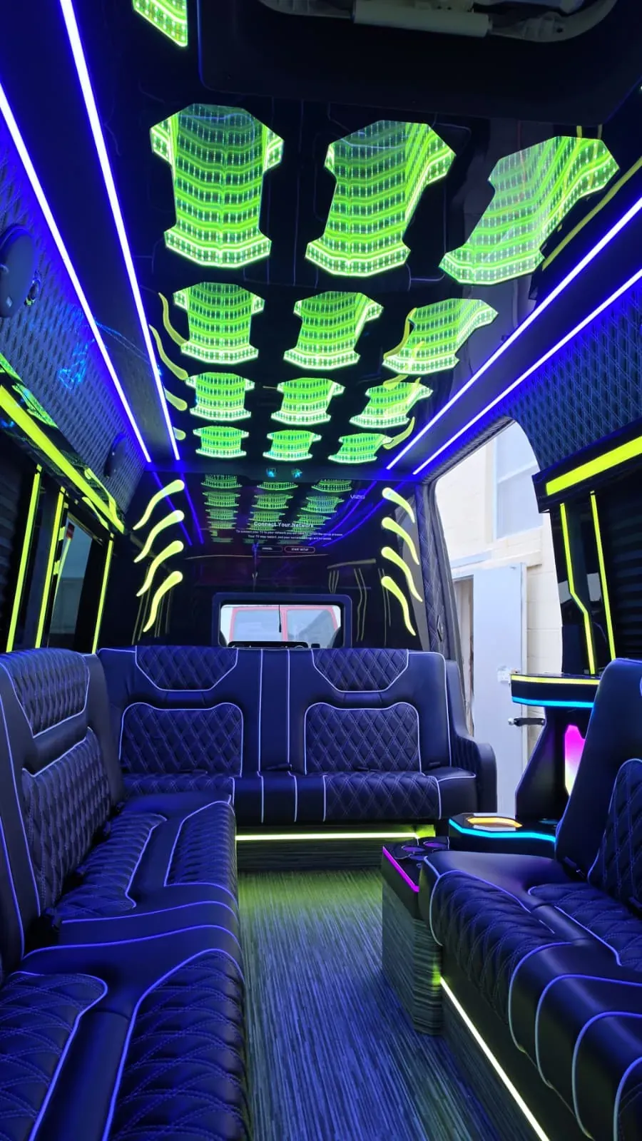 Limo Sprinter lounge seating and illuminated ceiling, Long Island Wedding Guest Shuttle — interior view 2