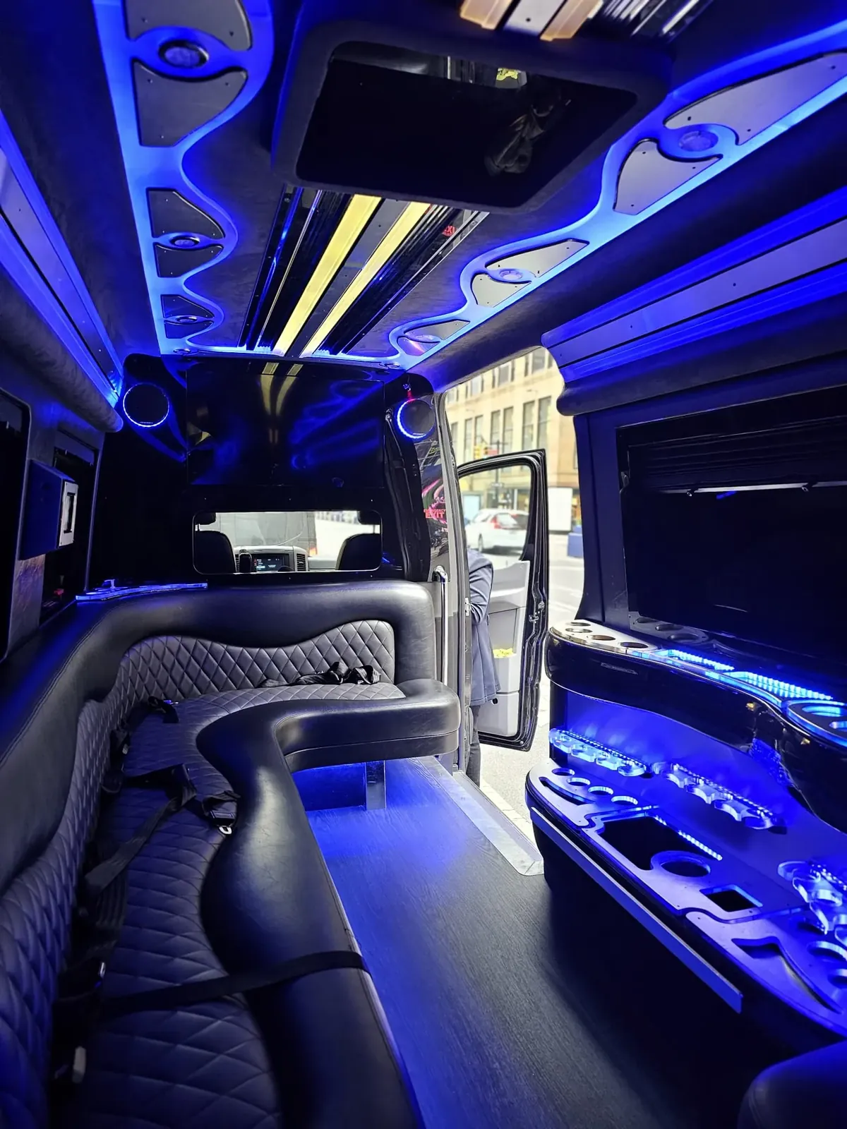 Limo Sprinter lounge seating and illuminated ceiling, New Jersey Wedding Guest Shuttle