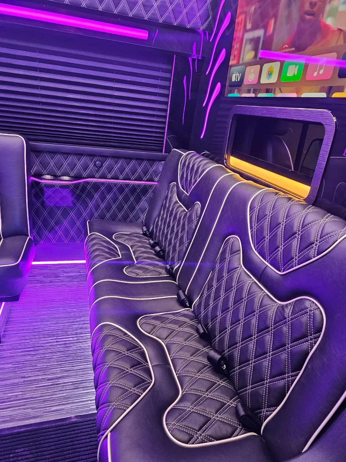 Limo Sprinter lounge seating and illuminated ceiling, New Jersey Wedding Guest Shuttle — interior view 1