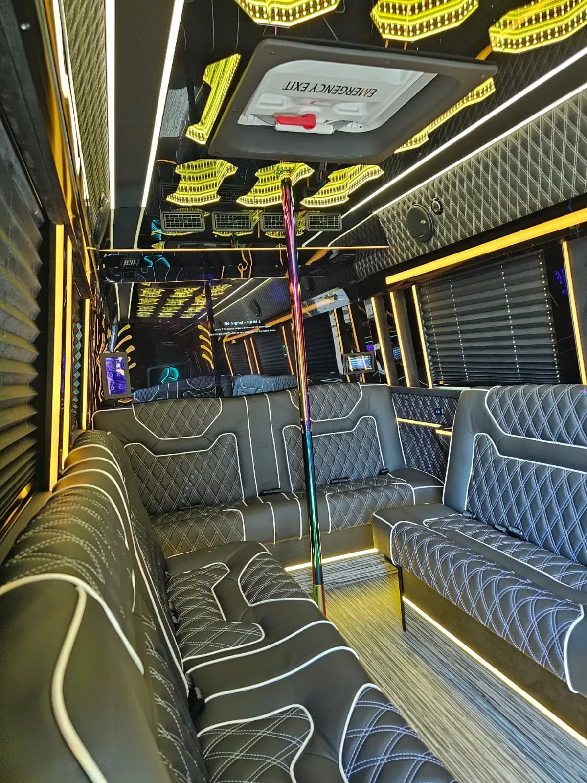 Limo Sprinter lounge seating and illuminated ceiling, Long Island Wedding Guest Shuttle — interior view 3